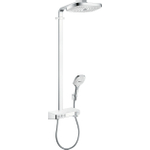Hansgrohe Raindance Select E300 showerpipe: avec Showertablet 300 robinet thermostatique apparent avec douchette 3 jets et douche de tête 3 jets blanc/chrome 0452234