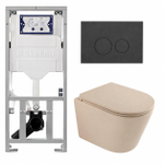 QeramiQ Dely Pack WC - 36,3x51,7cm - à fond creux - sans bride - réservoir encastré Geberit UP320 - abattant WC à fermeture douce - plaque de déclenchement mat anthracite - boutons ronds - mat beige SW1242405