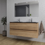 Saniclass Chaci Badkamermeubelset - 120x46x55cm - keramische wastafel zwart - 2 wasbakken - 2 kraangaten - 2 lades - rechthoekige spiegel - eiken SW816578