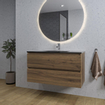 Adema Chaci Meuble salle de bain - 100x46x57cm - 1 vasque en céramique noire - 1 trou de robinet - 2 tiroirs - miroir rond avec éclairage - noix SW816291