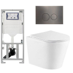 QeramiQ Dely Toiletset - 36.3x51.7cm - diepspoel - rimless - Geberit UP320 inbouwreservoir - met Burda frame - softclose toiletzitting - gunmetal bedieningsplaat - ronde knoppen - wit glans SW804659