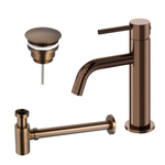 Fortifura Calvi Slim Wastafelkraanset - lage wastafelkraan - always open plug - verlaagde design - sifon - PVD - geborsteld koper SW1079954