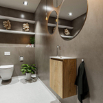MONDIAZ TURE Kit lave-mains - 40x23x50cm - 1 trou de robinet - 1 porte - chêne blanchi mat - Lavabo à droite - Solid Surface Blanc SW475149