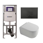QeramiQ Dely Swirl Toiletset - 36.3x51.7cm - Geberit UP320 inbouwreservoir - met Burda frame - 35mm zitting - mat zwarte bedieningsplaat - ronde knoppen - wit mat SW1138633
