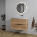 Saniclass Chaci Ensemble meuble de salle de bains - 80x46x55cm - lavabo en céramique blanc - 1 vasque - sans trous de robinet - 2 tiroirs - miroir rond avec éclairage - chêne SW816266