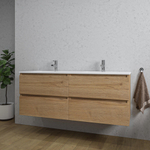Saniclass Chaci Ensemble meuble de salle de bains - 140x46x55cm - 4 tiroirs - lavabo en céramique blanc - 2 vasques - 2 trous de robinet - chêne SW1171450