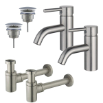 FortiFura Calvi Kit robinet lavabo - pour double vasque - robinet bas - bonde non-obturable - siphon design bas - Inox brossé PVD SW891996