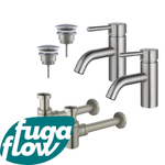 FugaFlow Eccelente Sobrado Kit robinet lavabo - pour double vasque - robinet bas - bonde non-obturable - siphon design bas - Inox brossé PVD SW1124246