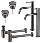 Fortifura Calvi Kit robinet lavabo - pour double vasque - robinet rehaussé - bonde clic clac - siphon design bas - Gunmetal PVD SW911731