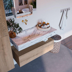 Mondiaz ALAN-DLUX Ensemble de meuble - 100cm - meuble Washed Oak mat - 1 tiroir - Lavabo Cloud Glace suspendu - vasque Gauche - 0 trous de robinet SW808946