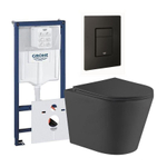 QeramiQ Dely WC sans bride avec bâti-support Grohe, plaque de commande noire mate rectangulaire et cuvette avec abattant Noir mat SW656916