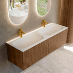 MONDIAZ KURVE 140cm Meuble salle de bain - couleur Walnut - 2 tiroirs - vasque BIG SMALL double - 2 trous de robinet - Talc SW1138325