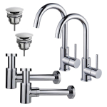 FortiFura Calvi Kit robinet lavabo - pour double vasque - robinet haut - bec rotatif - bonde non-obturable - siphon design bas - Chrome brillant SW891989