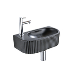 QeramiQ Fuente Fonteinset - 40x21.5x12cm - links - geribbeld - halfrond - 1 kraangat - keramiek - fonteinkraan chroom - afvoerplug - verlaagd sifon - zwart mat SW1232878