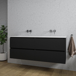 Saniclass Chaci Meuble de salle de bain - 140x46x55cm - 4 tiroirs - lavabo en céramique blanc - 2 vasques - sans trous de robinet - noir mat SW1171453