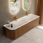 MONDIAZ KURVE 155cm Meuble salle de bain avec module 25 G - couleur Walnut - 2 tiroirs - 1 porte - vasque CLOUD double / droite - 2 trous de robinet - Talc SW1138302