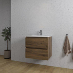 Saniclass Chaci Meuble de salle de bain - 60x45x55cm - lavabo en céramique brillant blanc - 1 vasque - 1 trou de robinet - 2 tiroirs - noyer SW721294