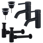 FortiFura Calvi Kit robinet lavabo - pour double vasque - robinet bas - bonde non-obturable - siphon design bas - Noir mat SW891990