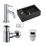 Plieger Houston ensemble lave-mains 37x23cm trou de robinet à gauche avec robinet d'eau froide chrome, siphon et bonde noir mat SW648303