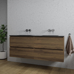 Saniclass Chaci Meuble de salle de bain - 140x46x55cm - lavabo en céramique noir - 2 vasques - sans trous de robinet - 4 tiroirs - noyer SW1171466