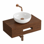Royal Plaza Terra Fonteinplank - 40x25x10cm - met handdoekhouder - waskom wit glans - fonteinkraan koper - afvoerplug - sifon - kastanje (walnoot) SW1580557