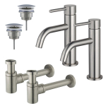 FortiFura Calvi Kit robinet lavabo - pour double vasque - robinet bas - bonde non-obturable - siphon design bas - Inox brossé PVD SW891998