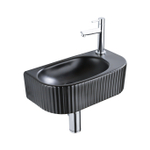 QeramiQ Fuente Ensemble de lavabo - 40x21.5x12cm - droite - nervuré - demi-rond - 1 trou de robinet - céramique - robinet de lavabo chrome - bouchon de vidange - siphon réduit - noir mat SW1232879