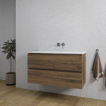 Saniclass Chaci Meuble de salle de bain - 100x45x55cm - lavabo en céramique brillant blanc - 1 vasque - sans trou de robinet - 2 tiroirs - noyer SW809375