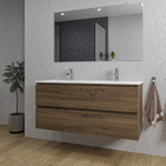 Saniclass Chaci Ensemble meuble de salle de bains - 120x46x55cm - lavabo en céramique blanc - 2 vasques - 2 trous de robinet - 2 tiroirs - miroir rectangulaire - noyer (bois) SW816529