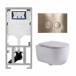 QeramiQ Dely Swirl Toiletset - 36.3x51.7cm - diepspoel - rimless - Geberit UP320 inbouwreservoir - met Burda frame -slim zitting - geborsteld messing bedieningsplaat - ronde knoppen - mat wit SW1126114