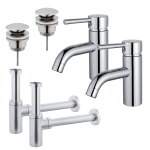 FortiFura Calvi Kit robinet lavabo - pour double vasque - robinet bas - bonde clic clac - siphon design - Chrome brillant SW915318