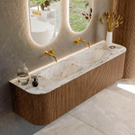 MONDIAZ KURVE-DLUX 170cm Meuble salle de bain avec module 25 G et D - couleur Walnut - 1 tiroir - 2 portes - vasque LEAF double - sans trou de robinet - couleur Glace SW1138056