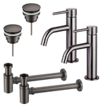 Fortifura Calvi Kit robinet lavabo - pour double vasque - robinet bas - bonde clic clac - siphon design bas - Gunmetal PVD SW911730