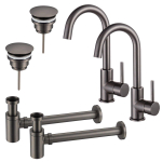 FortiFura Calvi Kit robinet lavabo - pour double vasque - robinet haut - bec rotatif - bonde non-obturable - siphon design bas - Gunmetal PVD SW892013