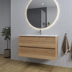 Saniclass Chaci Ensemble meuble de salle de bains - 100x46x55cm - vasque en céramique blanche - 1 lavabo ovale - 1 trou de robinet - 2 tiroirs - miroir rond avec éclairage - chêne SW816278