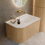 MONDIAZ KURVE-DLUX 75cm Meuble salle de bain avec module 25 G - couleur Oak - 1 tiroir - 1 porte - vasque GRUNNE droite - sans trou de robinet - couleur Opalo SW1137502