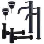 FortiFura Calvi Kit robinet lavabo - pour double vasque - robinet rehaussé - bonde non-obturable - siphon design bas - Noir mat SW891993