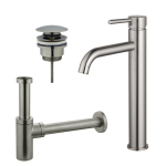 Fortifura Calvi Kit mitigeur lavabo - robinet rehaussé - bonde clic clac - siphon design - PVD Inox brossé SW915271