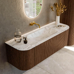 MONDIAZ KURVE-DLUX 140cm Meuble salle de bain avec module 25 G et D - couleur Walnut - 1 tiroir - 2 portes - vasque BIG SMALL centre - sans trou de robinet - couleur Glace SW1138026