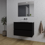 Saniclass Chaci Meuble de salle de bain - 80x46x55cm - lavabo en céramique noir - 1 vasque - sans trou de robinet - 2 tiroirs - miroir rectangulaire - noir mat SW816555
