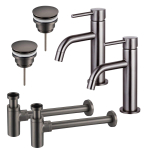 FortiFura Calvi Kit robinet lavabo - pour double vasque - robinet bas - bonde clic clac - siphon design - Gunmetal PVD SW915343