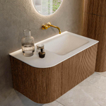 MONDIAZ KURVE 85cm Meuble salle de bain avec module 25 G - couleur Walnut - 1 tiroir - 1 porte - vasque CLOUD droite - sans trous de robinet - Talc SW1138248