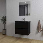 Saniclass Chaci Meuble de salle de bain - 60x46x55cm - lavabo en céramique noir - 1 vasque - 1 trou de robinet - 2 tiroirs - miroir rectangulaire - noir mat SW816539