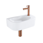 QeramiQ Fuente Fonteinset - 40x21.5x12cm - rechts - glad - halfrond - 1 kraangat - keramiek - fonteinkraan geborsteld koper - afvoerplug - verlaagd sifon - wit glans SW1232834