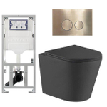QeramiQ Dely Toiletset - 36.3x51.7cm - diepspoel - rimless - Geberit UP320 inbouwreservoir - met Burda frame - softclose toiletzitting - geborsteld messing bedieningsplaat - ronde knoppen - mat zwart SW804629