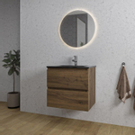 Saniclass Chaci Ensemble meuble de salle de bains - 60x46x55cm - lavabo céramique noir - 1 vasque - 1 trou de robinet - 2 tiroirs - miroir rond avec éclairage - noyer (bois) SW816216