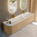 MONDIAZ KURVE 175cm Meuble salle de bain avec module 25 G - couleur Oak - 2 tiroirs - 1 porte - vasque BIG SMALL double / droite - 2 trous de robinet - Talc SW1138253