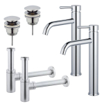 FortiFura Calvi Kit robinet lavabo - pour double vasque - robinet rehaussé - bonde clic clac - siphon design - Chrome brillant SW915319