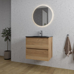 Adema Chaci Ensemble de meuble - 60x46x57cm - 1 vasque en céramique noire - 1 trou de robinet - 2 tiroirs - miroir rond avec éclairage - cannelle SW816215