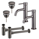 Fortifura Calvi Kit robinet lavabo - pour double vasque - robinet bas - bonde clic clac - siphon design - Gunmetal PVD SW915343